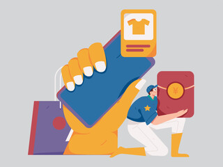 Obraz premium Holiday shopping people doing e-commerce online shopping flat vector concept operation hand drawn illustration 