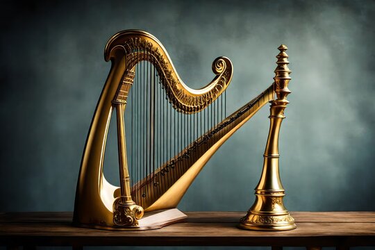 golden harp placed on a sturdy wooden table.