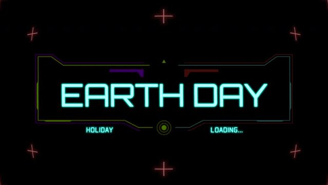 Earth Day logo with neon colors against a black background; Earth image in the center, promotes environmental awareness and sustainability; used on promotional materials for Earth Day events