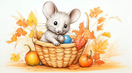 book illustration of a cute mouse sitting in a wicker basket with ears of grain, close-up on a white background with space for text