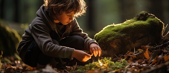Boy learning fire-making in forest camping. - obrazy, fototapety, plakaty