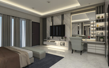 Interior Luxury Master Bedroom, in the room include set TV cabinet with marble wall panel and Makeup Table with mirror panel. 