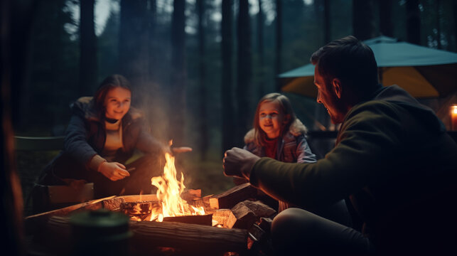 Family picnic in the woods with fire, Spring or autumn camping with campfire at night, camping, travel, tourism, hike and people concept, Quality family time together, generative ai