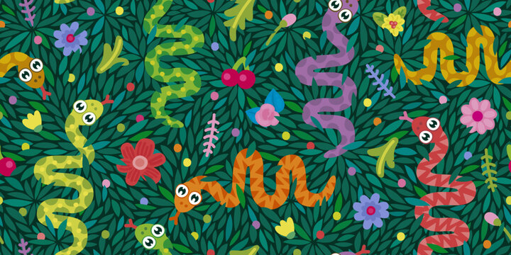 Seamless pattern with cartoon snakes, leaves and flowers. Childish background. Cute wallpaper for kid, textile design template. Simple flat style. Vector illustration