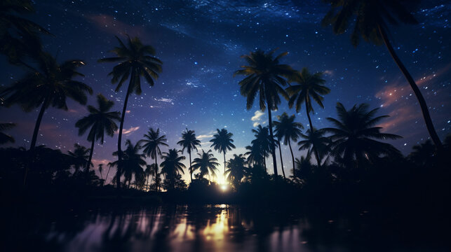 Oasis with palm tree silhouettes with starry sky background.