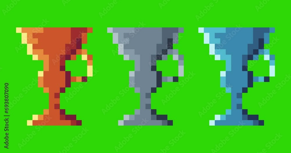 Poster green screen of trophy, trophy icon bits pixel slowly appeared and dissappeared. simple animation fr