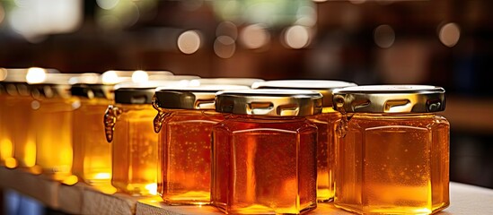 Newly harvested honey for sale at market stall. - obrazy, fototapety, plakaty