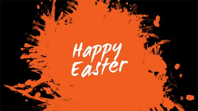 An abstract design featuring orange splatters on a black background. Happy Easter is boldly written in white letters at the center of the image