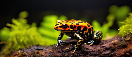 Macro close-up image of a poison dart frog in terrarium.
