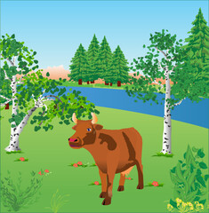 A red cow standing near the green bushes. Vector illustration with a beautiful mountain landscape.