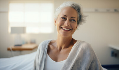 senior ill woman smiling and sitting in a Hospital room