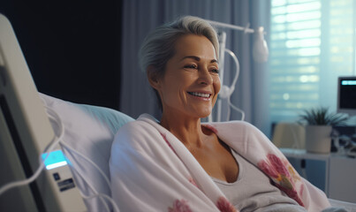 senior ill woman smiling and sitting in a Hospital room