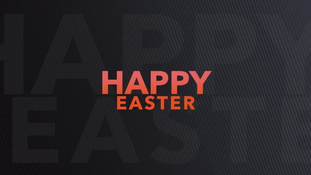 Colorful diagonal letters form the words Happy Easter on a black background, creating a dynamic and eye-catching design perfect for greeting cards or social media posts