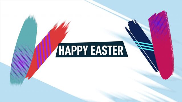 Vibrant brush strokes create a playful and festive Happy Easter banner. Bold, colorful letters add to the dynamic and celebratory vibe of the image