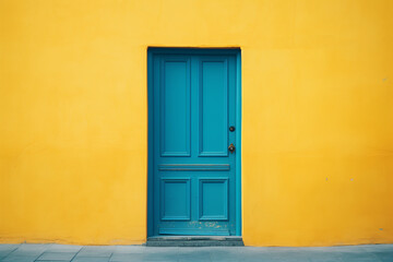 Blue door on a yellow wall background, abstract outdoor, copy space