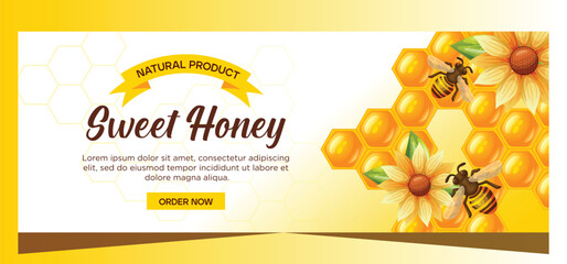 Naklejka premium Horizontal honey advertising banner design. Honey vector illustration