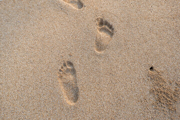 Fototapeta na wymiar footsteps on a white sand beach on one of the beaches in Indonesia