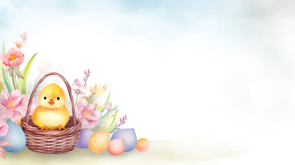 Easter background with a picture of Easter eggs and tulips on a white background with space for text