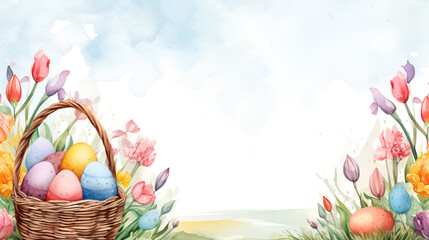 Easter background with a picture of Easter eggs and tulips on a white background with space for text