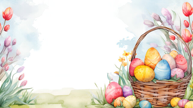 Easter background with a picture of Easter eggs and tulips on a white background with space for text