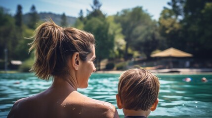 Fototapeta na wymiar Backview of a Caucasian mother watching son swimming