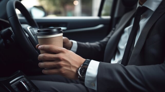 Businessman driving car with disposable coffee cup