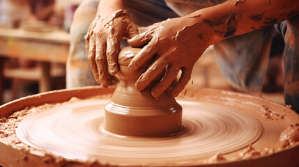 Potters wheel spins clay into pottery on a white background