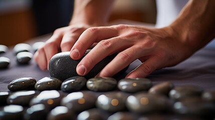 Close up of the hands of a therapist applying hot stone