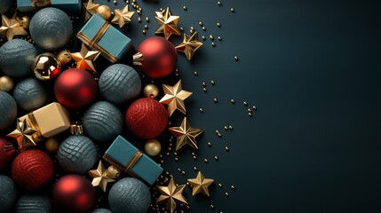 Green Christmas background with fir tree branches, golden Christmas toys, stars, and presents.