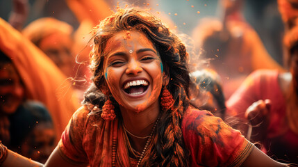 Vibrant Holi Celebration: Joyful Indian Girl Amidst a Sea of Revelers, Gulal Powder Cloud