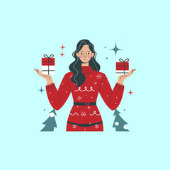 illustration of a flat Christmas woman