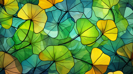 Stained glass window background with colorful Leaf and Flower abstract. - 693811031