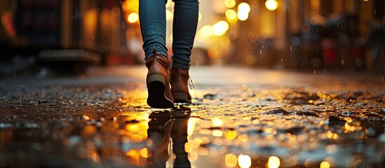 Post-rain, a blurred image of a woman walking is mirrored in a wet pavement puddle. - Powered by Adobe