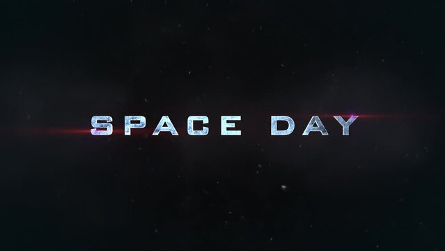 Vibrant title for an event celebrating Space Day with bright red, blue, and yellow text against a dark, starry night sky background