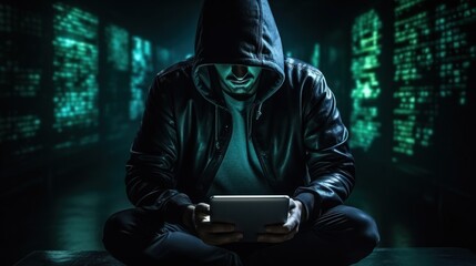 Hacker with mobile phone and computer in a dark room