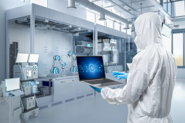 Worker or engineer wears protective suit work in semiconductor manufacturing factory - obrazy, fototapety, plakaty