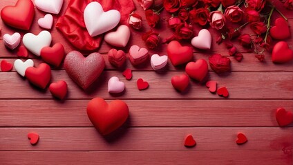 Website Banner, International Valentine's Day Themed Red Background, Top View, Copy Space for Text