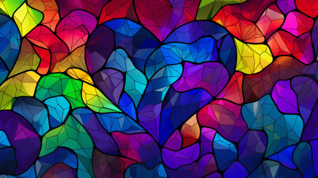 Stained glass window background with colorful Leaf and Heart abstract. Valentine day concept.	