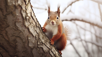 Portrait of a red squirrel on a tree trunk in the park