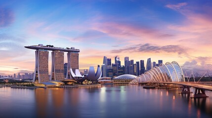 Fototapeta premium Singapore skyline at dawn showing the Marina Bay Sands