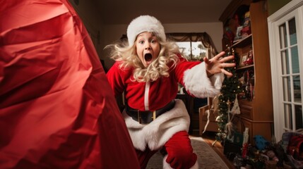Young girl jumping in extra large Santa Bag