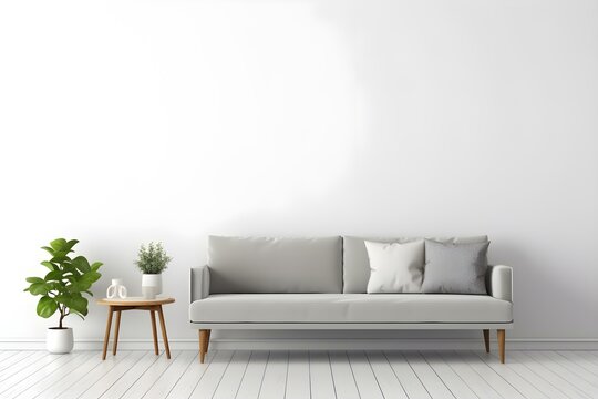 Minimal Concept. Interior of Living Grey Fabric Sofa, Wooden Table on Wooden Floor and White Wall.