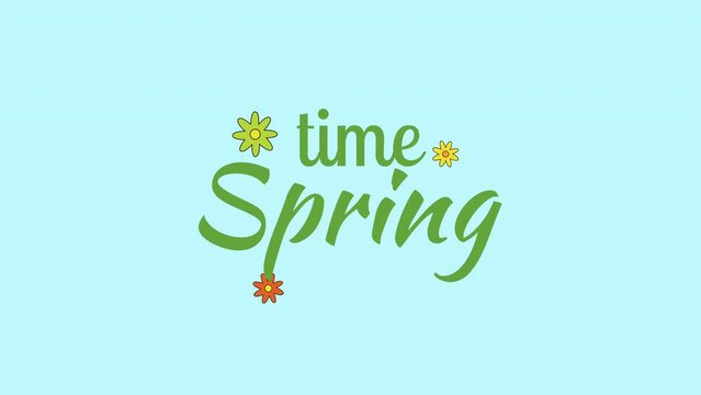 This image depicts the words Spring Time written in vibrant green and yellow letters against a blue backdrop