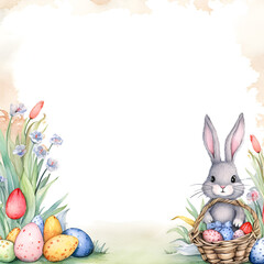watercolor Easter card depicting the Easter bunny with Easter eggs and tulips on a white background with space for text and congratulations in a frame from the Easter background