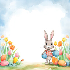 watercolor Easter card depicting the Easter bunny with Easter eggs and tulips on a white background with space for text and congratulations in a frame from the Easter background