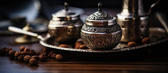 Metal products for presenting traditional Turkish coffee, with a historical and selective focus. - obrazy, fototapety, plakaty