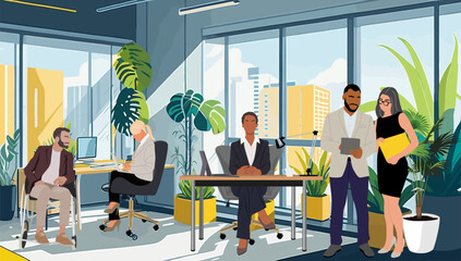 Inclusive diverse business team with people different races and ages and disables man working in modern office interior with panoramic window, potted plants, comfortable furniture vector illustration.