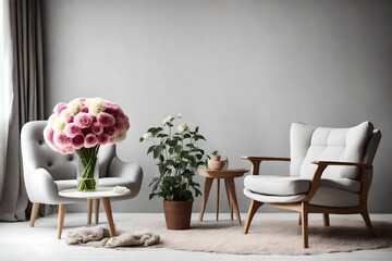 Bouquet of beautiful flowers near armchair indoors