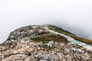 Clouds and fog over Gulf St. Lawrence from boardwalk Skyline Trail in Cape Breton Highlands...