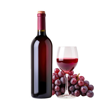 Red wine premium bottle with wine grapes isolated on transparent background.